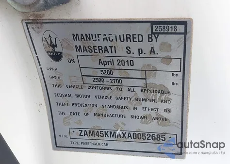 2010 Maserati Granturismo from USA, damaged, VIN ZAM45KMAXA0052685